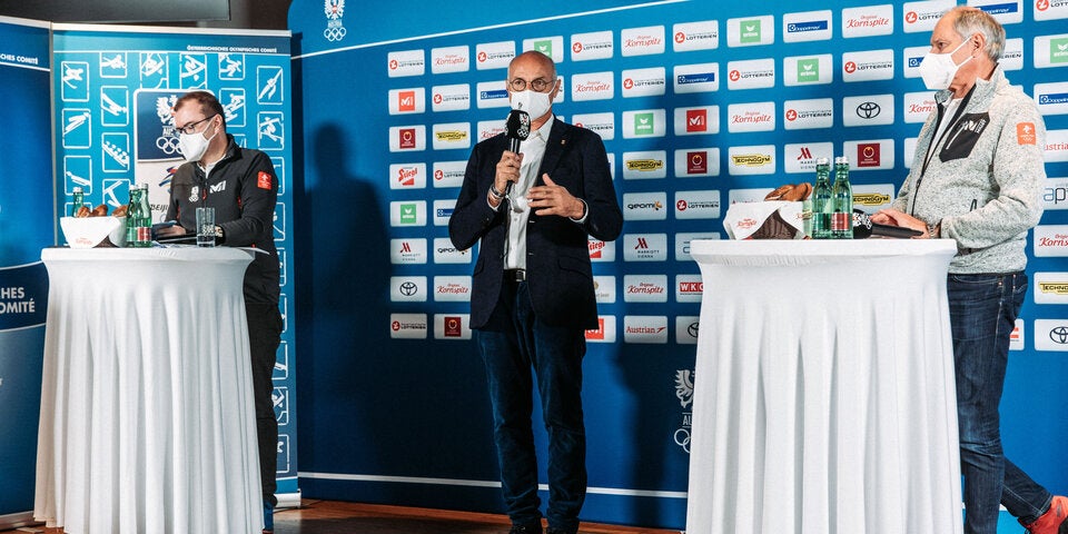 ÖOC-Pressekonferenz: Wolfgang Euchler (li.), ÖOC-Präsident Karl Stoss (mi.) und Generalsekretär Peter Mennel.