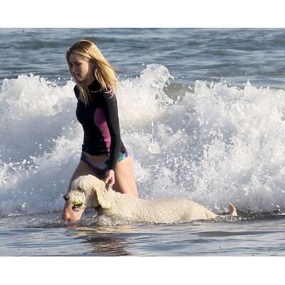 Rosie Huntington-Whitleley plantscht mit Hund im Meer