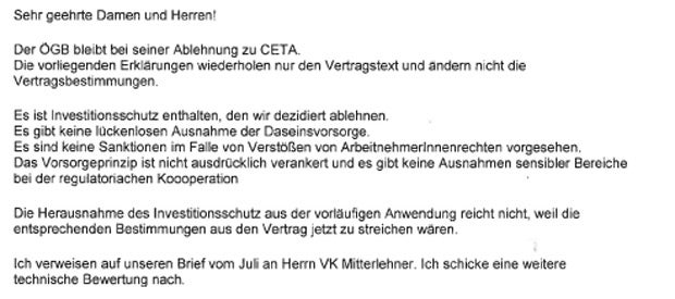 ÖGB stellt sich bei CETA gegen Kern