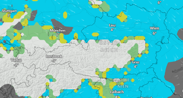 Weiß bedeutet Schneefall, Blau heißt Regen