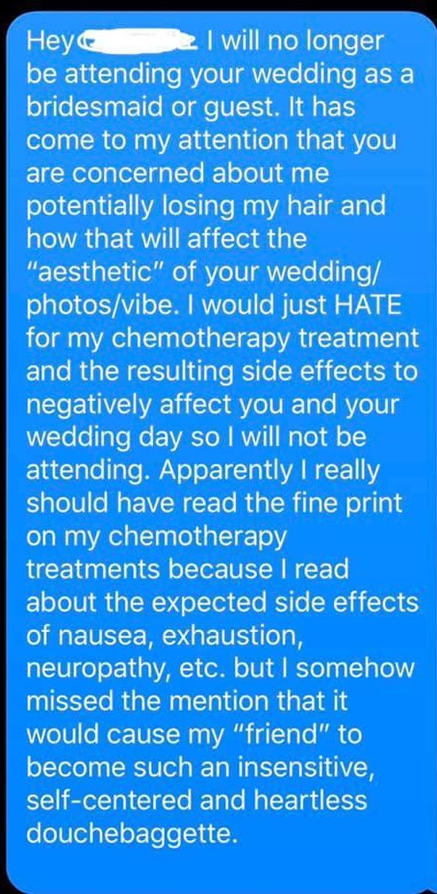 Braut lädt Freundin aus, weil sie Krebs hat