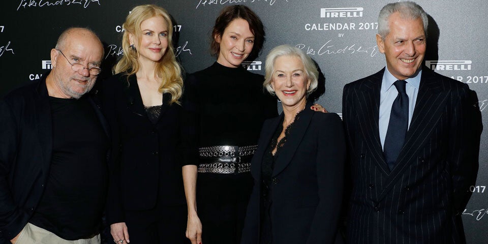 Peter Lindbergh, Nicole Kidman, Uma Thurman, Helen Mirren, and Marco Tronchetti Provera attend the 2017 Pirelli Calendar unveiling 