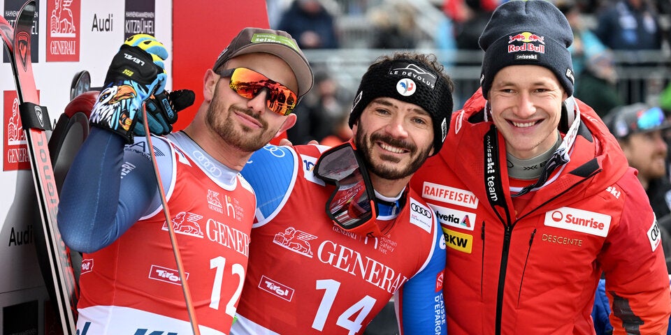 Das Kitzbühel-Siegerpodest: Florian Schieder, Cyprien Sarrazin und Marco Odermatt