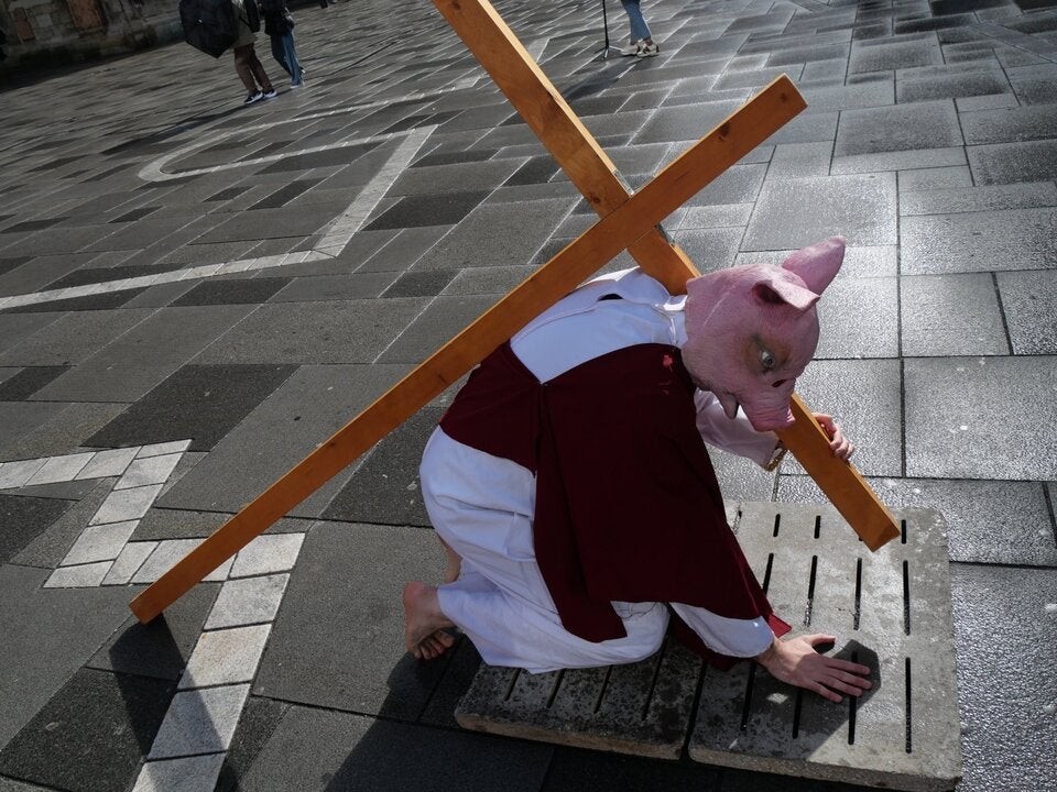 Schwein auf dem Vollspaltenboden - seinem Kreuz des Leidens.