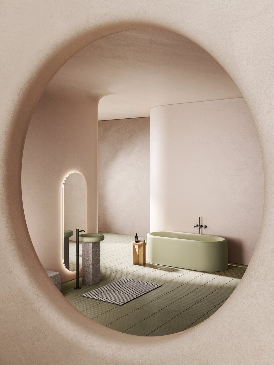 Ease ist eine freistehende Badewanne mit matter Solid-Surface-Oberfläche und mit Überlauf.