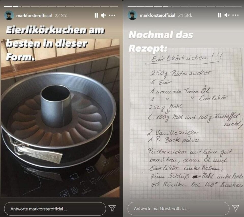 Mark Forster Instagram Story mit Eierlikörkuchen