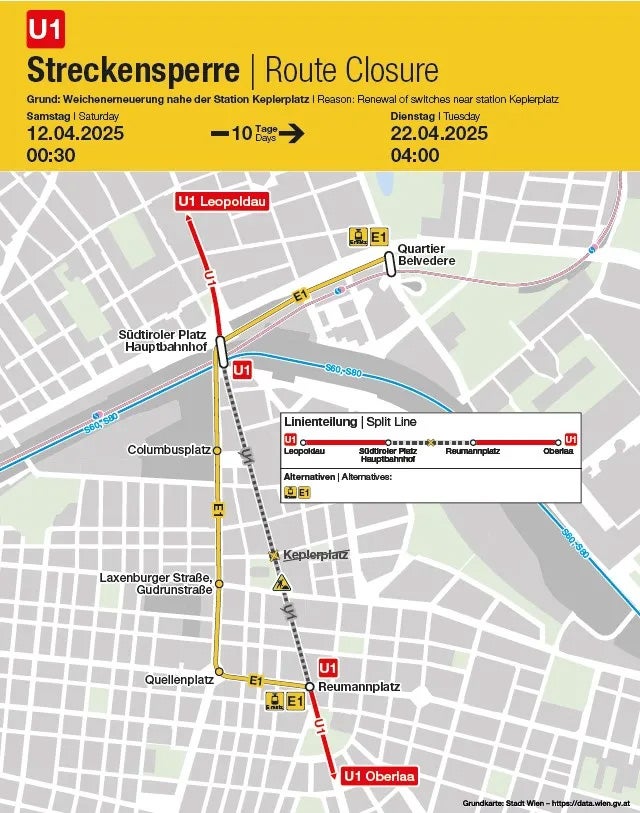 Streckensperre U1 Ubahn Wien