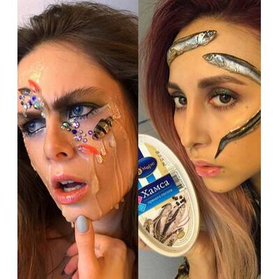 Visagistin macht Make-Ups mit toten Fischen