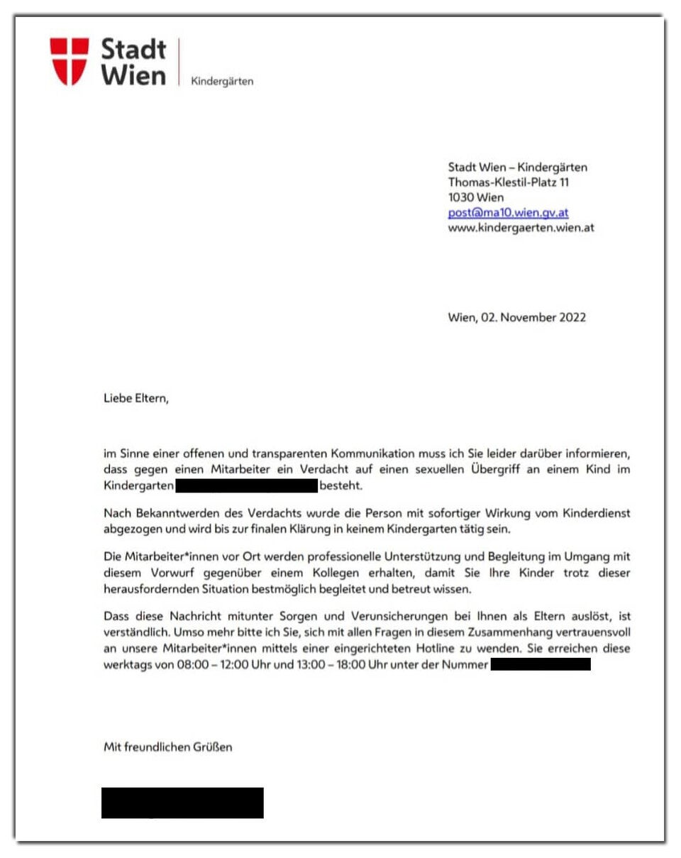 Wien Kindergarten Missbrauch Brief Eltern