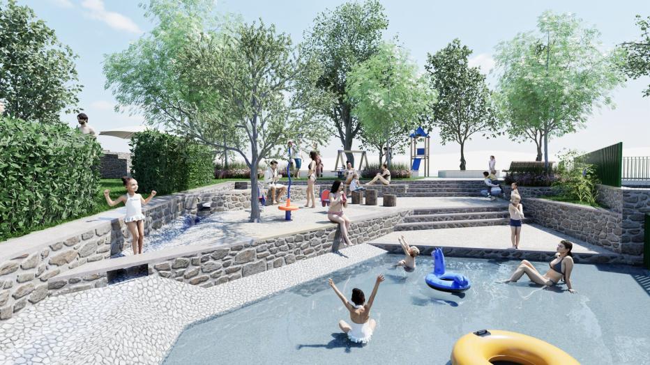 Entwurf für den neuen Kinderbereich mit Bachlauf.