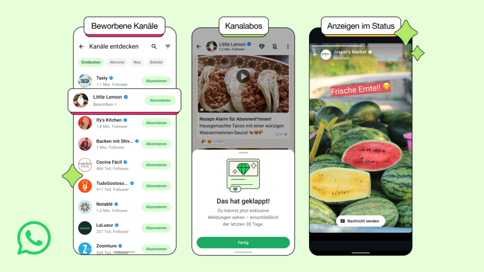 Neue Funktionen im WhatsApp-Aktuelles-Tab: Mehr Inhalte entdecken und Firmen direkt kontaktieren.