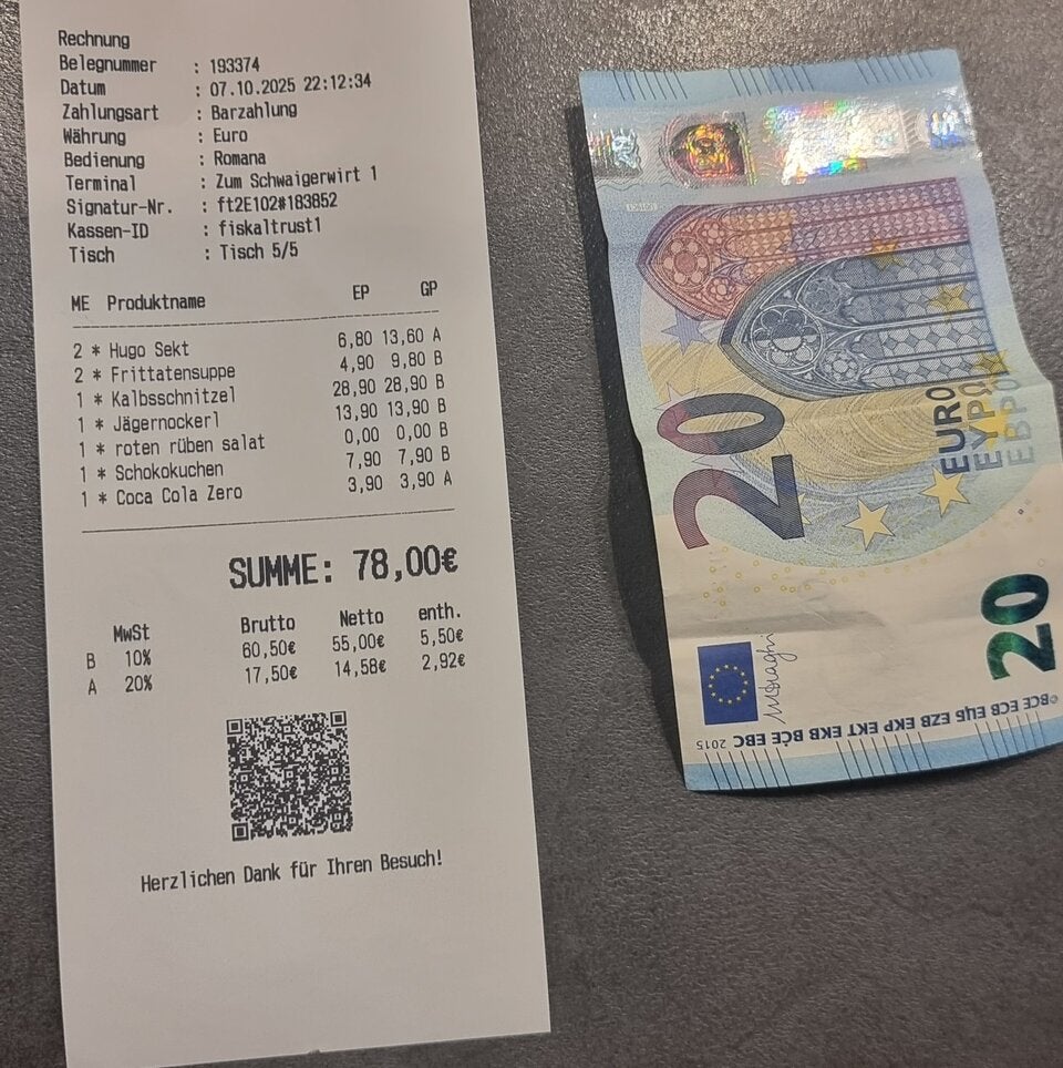 Die Rechnung belief sich auf 78 Euro - bezahlt wurden nur 20. 