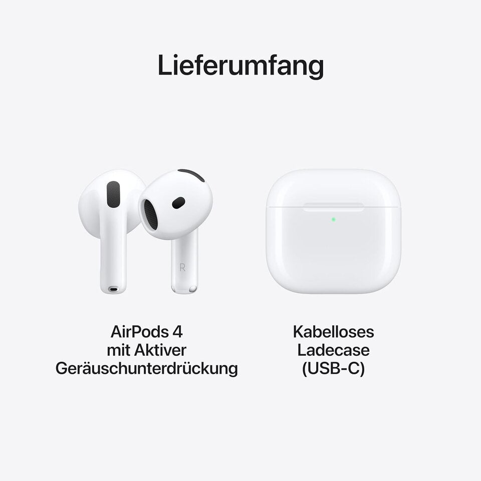 Apple AirPods 4 Kabellose Kopfhörer, Bluetooth Kopfhörer mit aktiver Geräuschunterdrückung, Adaptives Audio, Personalisiertes 3D Audio, Transparenzmodus, USB-C Ladecase, Kabelloses Laden 