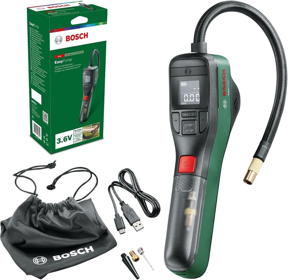 Bosch elektrische Fahrradpumpe/Luftpumpe/Mini Kompressor EasyPump (3,0 Ah Akku, 3,6 Volt, Autostop-Funktion, 150 PSI, 10,3 bar, LED, über USB-C® wiederaufladbar, im Karton)