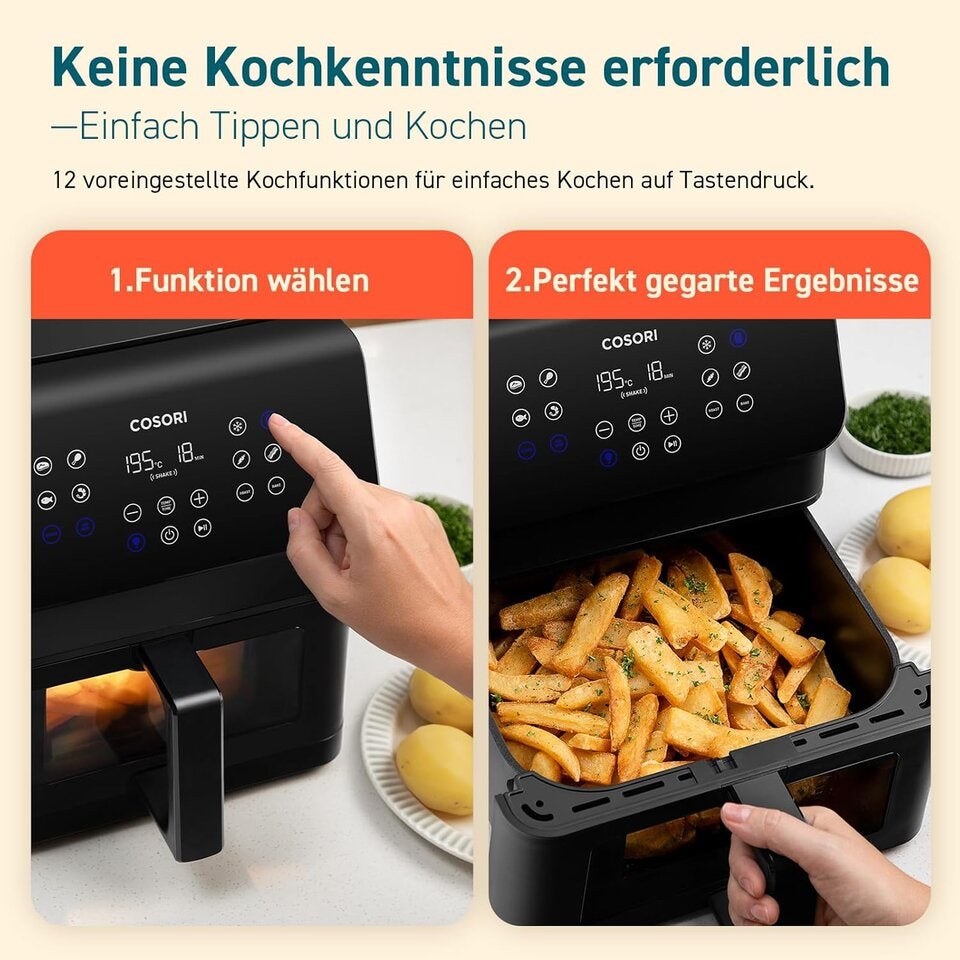COSORI Airfryer, Heißluftfritteuse 6,2L mit Sichtfenster und Shake Reminder, 12-in-1 Heissluftfritteuse, Fritteuse 85 Prozent weniger Fett, 50 Rezepte, 55 Prozent energiesparend, einfache Reinigung 