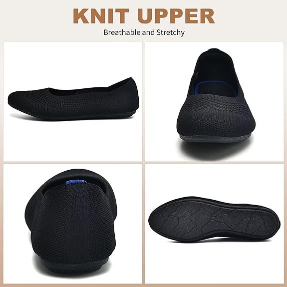 Puxowe Damen Strick-Ballerinas mit Rundkappe Flache Slip-On Schuhe Superweich für Komfort Bequem für Spaziergänge Niedriger Keilabsatz Lässiger Stil