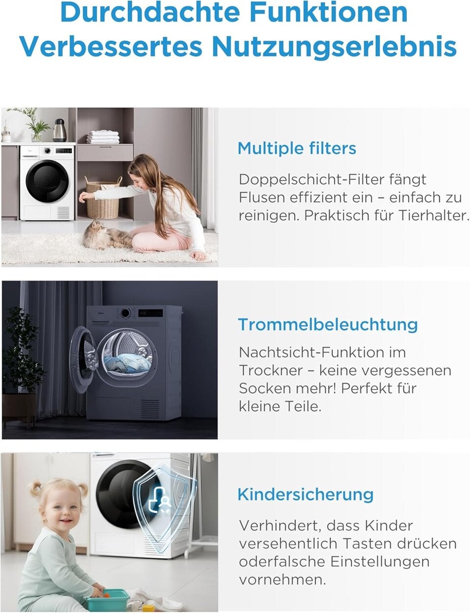 Midea MD11EH80BD Wärmepumpentrockner, 8 kg, Energieklasse D, Schnelltrocknen 35', HealthGuard, Sensor-Trocknung,Auffrischen,Knitterschutz, Auffrischen Wolle, Weiß [Energieklasse D] 