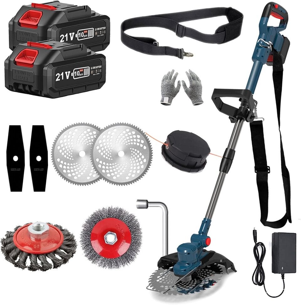 Rasentrimmer mit Akku, 21 V, kabellos, mit Akku, elektrischer Rasentrimmer, kabellos, mit 2 Akkus 4,0 Ah, für Garten und Gartenarbeit, Blau 