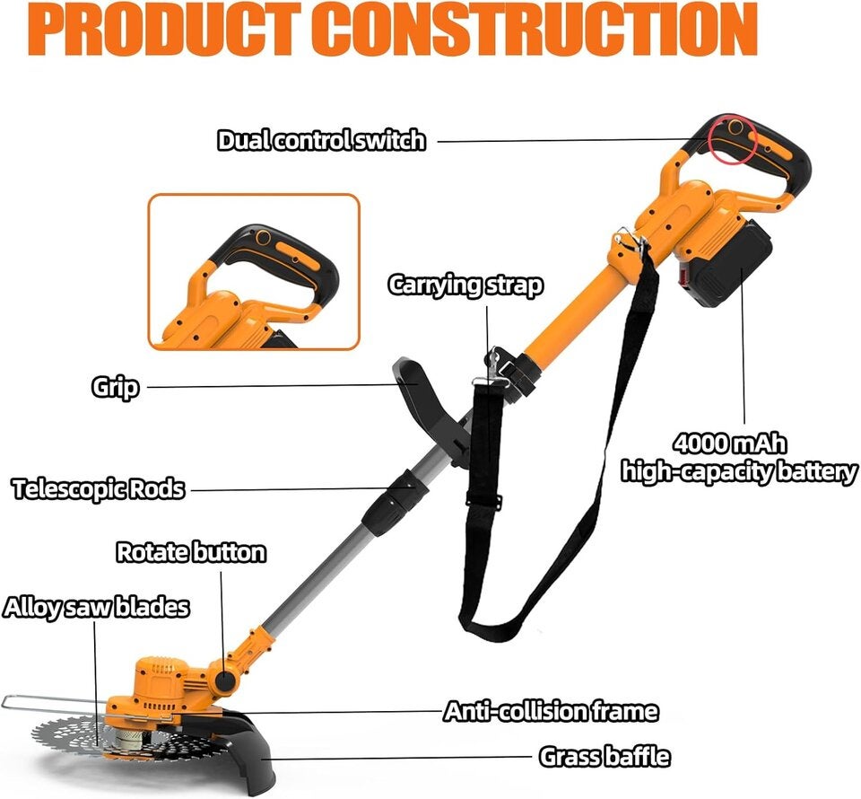 Rasentrimmer mit Akku, 21 V, kabellos, mit Akku, elektrischer Rasentrimmer, kabellos, mit 2 Akkus 4,0 Ah, für Garten und Gartenarbeit, Blau 