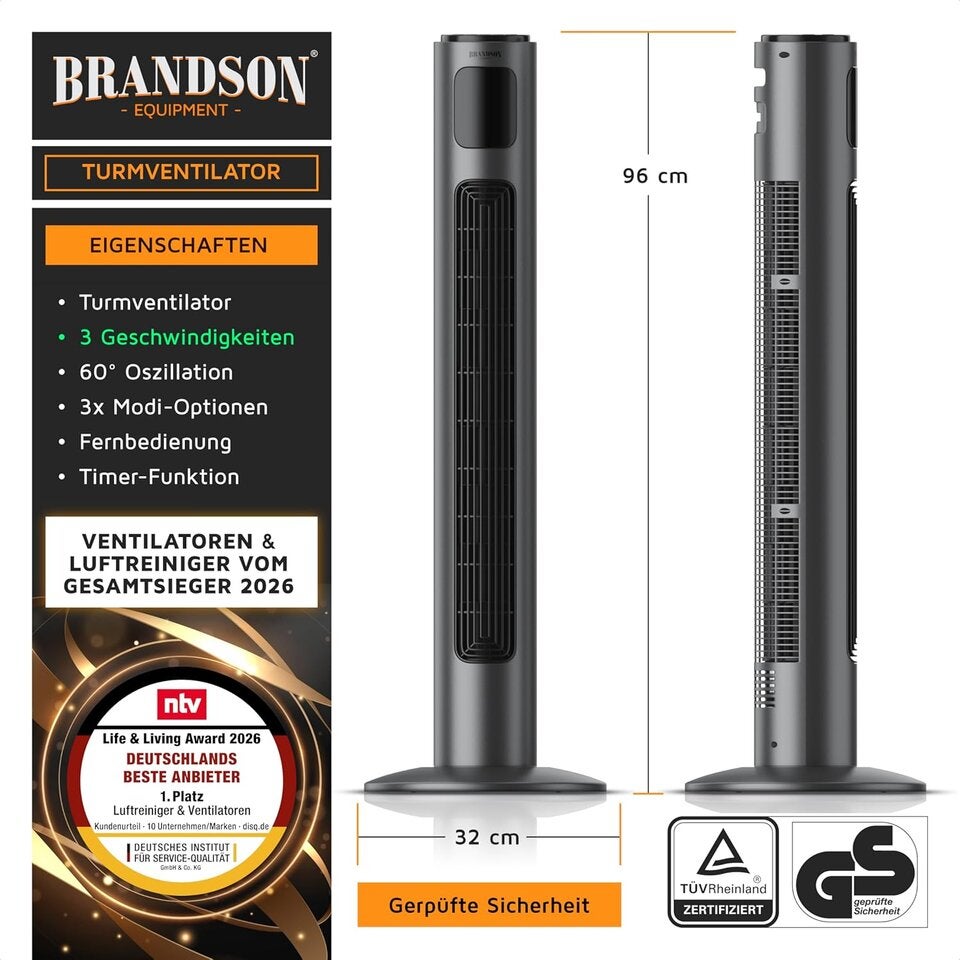 Brandson - Turmventilator mit Fernbedienung 96 cm - Preisträger 2026!