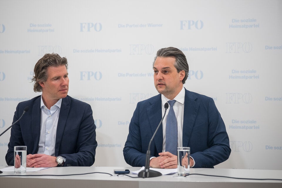 FPÖ-Wien-Chef Dominik Nepp und Landesparteisekretär Lukas Brucker.
