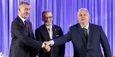 ANO-Vorsitzender Andrej Babis, Bundesparteiobmann Herbert Kickl (FP&Ouml;) und Ministerpr&auml;sident von Ungarn Viktor Orban am Sonntag, 30. Juni 2024 anl. eines FP&Ouml;-Medientermins ,,Patriotisches Manifest" in Wien.&nbsp;