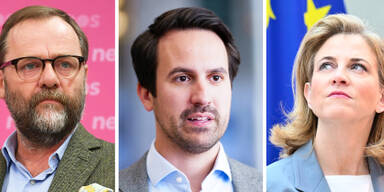 Das NEOS-Regierungsteam mit (v.l.n.r.) STS Josef Schellhorn (Deregulierung), Bildungsminister Christoph Wiederkehr und Au&szlig;enministerin Beate Meinl-Reisinger.&nbsp;