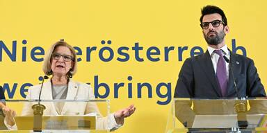 Nieder&ouml;sterreichs Landeshauptfrau Johanna Mikl-Leitner (&Ouml;VP) und&nbsp; FP&Ouml;-Landesparteichef LH-Stellvertreter Udo Landbauer.&nbsp;&nbsp;