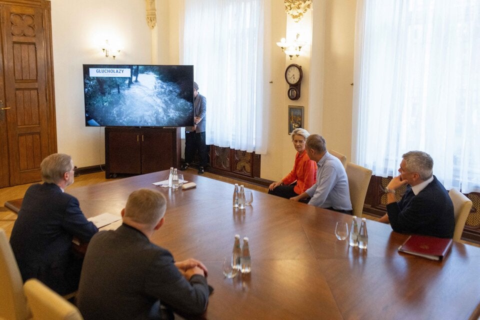 Bundeskanzler Karl Nehammer (ÖVP), der polnische Premierminister Donald Tusk und  EU-Kommissionspräsidentin Ursula von der Leyen