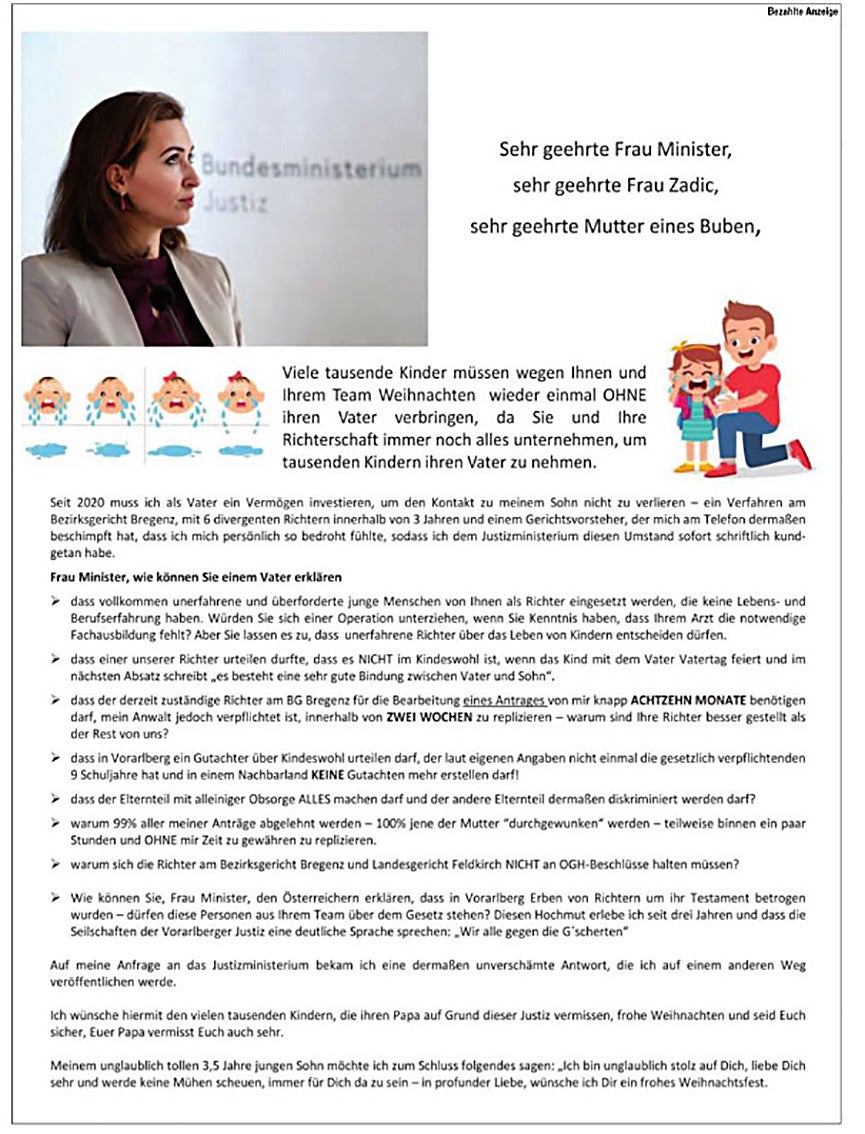 Verzweifelter Vater greift Ministerin Zadic an