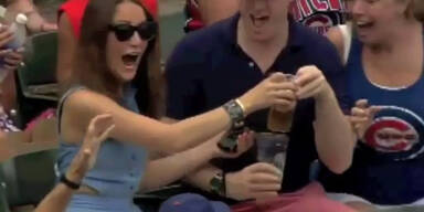 Baseball landet in Bier von Fan