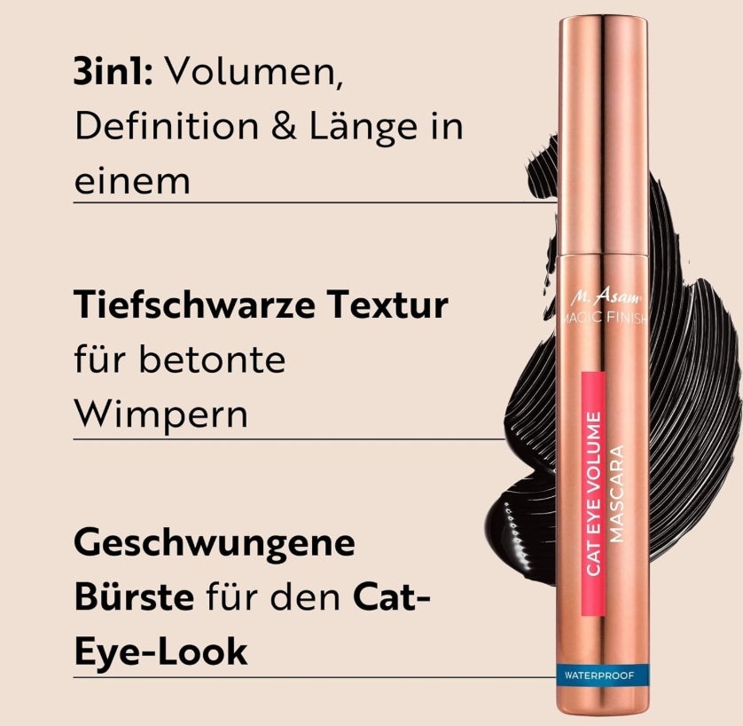 M. Asam MAGIC FINISH Cat Eye Volume Mascara Waterproof (10ml) – Volumen-Mascara mit geschwungener Bürste 