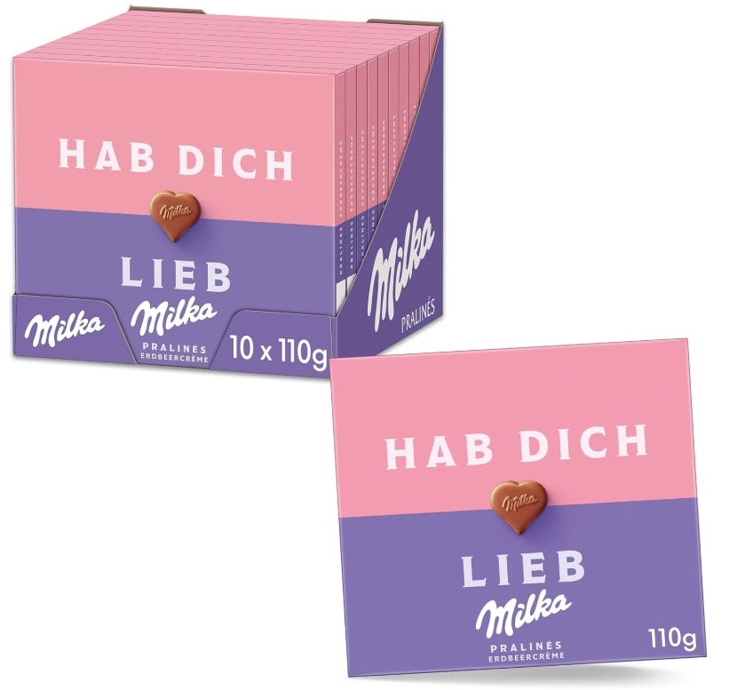 Milka Hab dich lieb Pralinen – Alpenmilch-Schokolade mit feiner Erdbeer-Crème-Füllung 