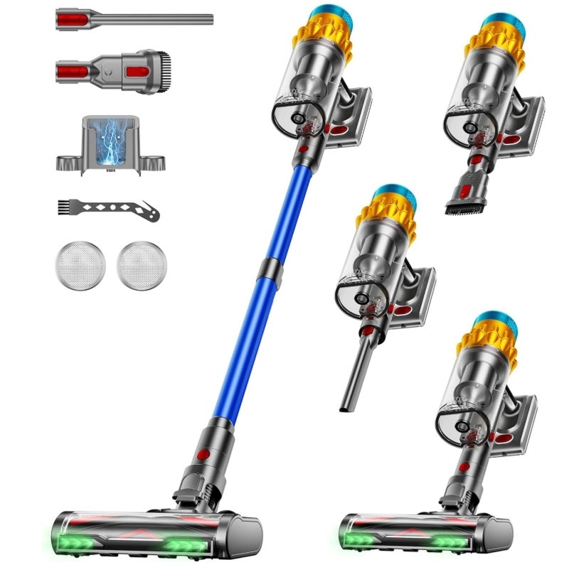 Akku Staubsauger, 50KPA/600W/70Mins Staubsauger Kabellos mit Selbststehend, 1,8L Großer Staubbecher, Anti-Tangle-Bürste, 8-stufiges Filtersystem Grünes Licht für Hartböden Teppiche Tierhaare
