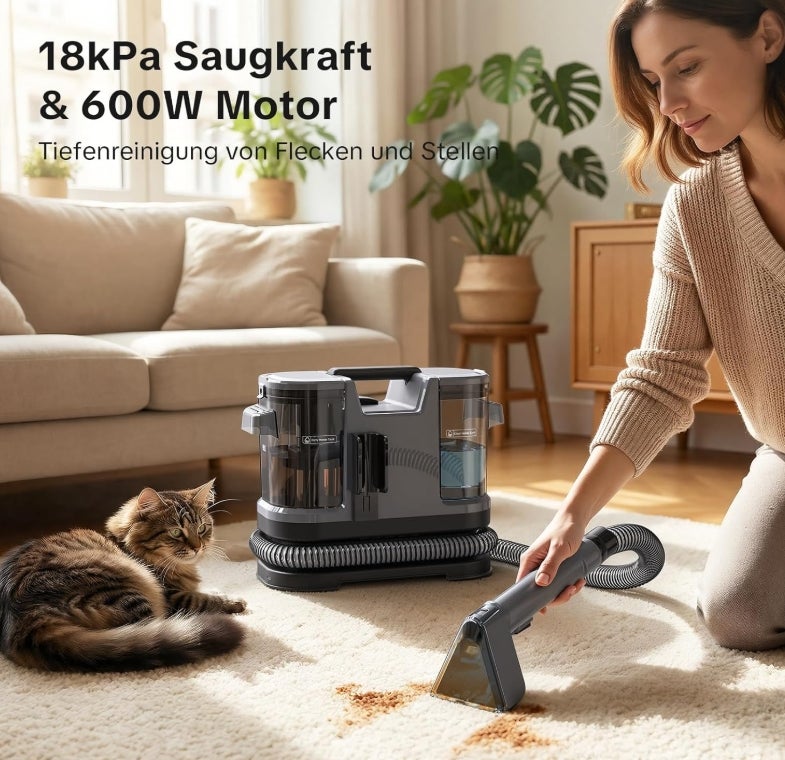 Lubluelu Nasssauger Polsterreiniger Gerät, 600 W - 18 kPa Teppichreiniger Waschsauger, tragbares Teppich-Reinigungsgerät mit Selbstreinigung und langem Schlauch für Teppiche, Sofas & Auto-Innenräume 