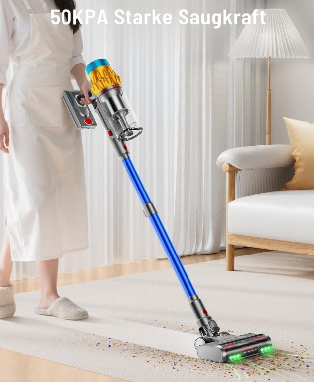 Akku Staubsauger, 50KPA/600W/70Mins Staubsauger Kabellos mit Selbststehend, 1,8L Großer Staubbecher, Anti-Tangle-Bürste, 8-stufiges Filtersystem Grünes Licht für Hartböden Teppiche Tierhaare