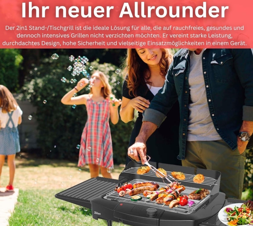 2in1 Elektro Grill Standgrill Tischgrill elektrisch 2.400 Watt - Elektrogrill für Balkon, Draußen & Drinnen mit Standfuß große Grillfäche Stufenloser Temperaturregler elektrischer BBQ Grill 