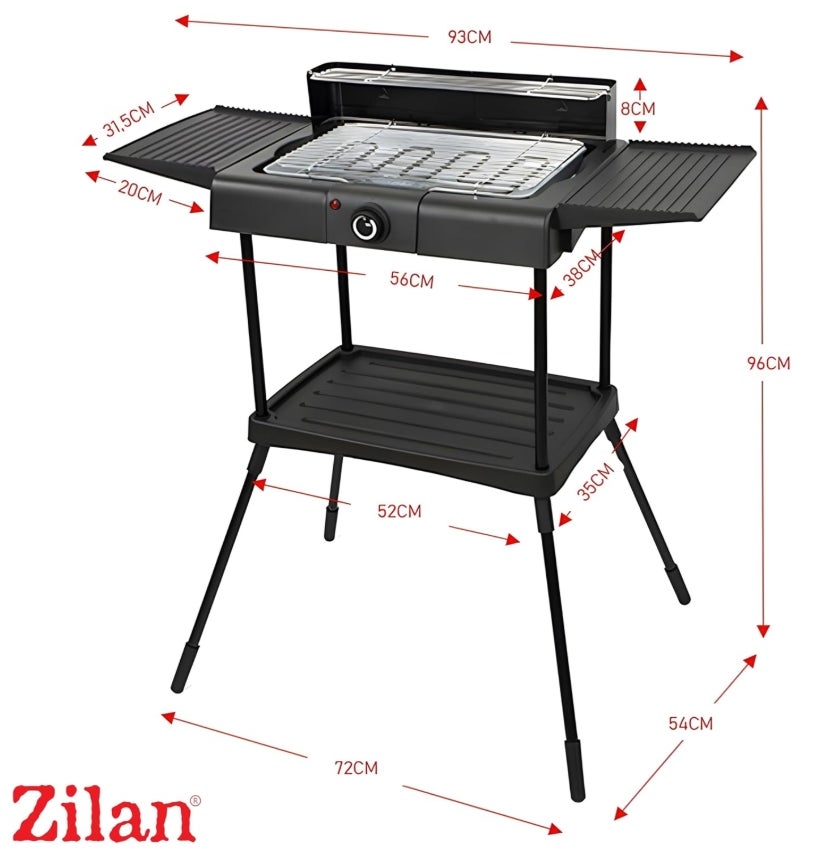 2in1 Elektro Grill Standgrill Tischgrill elektrisch 2.400 Watt - Elektrogrill für Balkon, Draußen & Drinnen mit Standfuß große Grillfäche Stufenloser Temperaturregler elektrischer BBQ Grill 