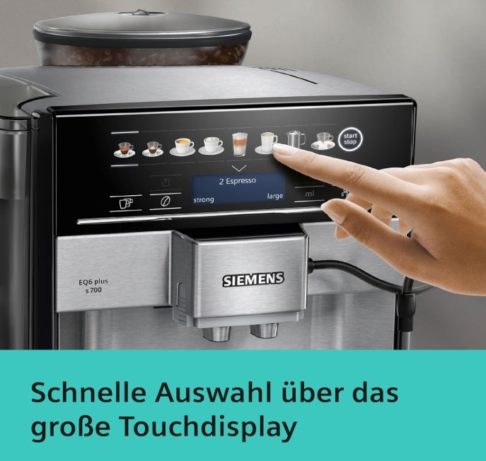 Siemens Kaffeevollautomat EQ6 plus s700, Milchsystem, 12 Getränke, automatische Reinigung des Milchsystems, Keramikmahlwerk, großes Touchdisplay, Edelstahl, TE657503DE 