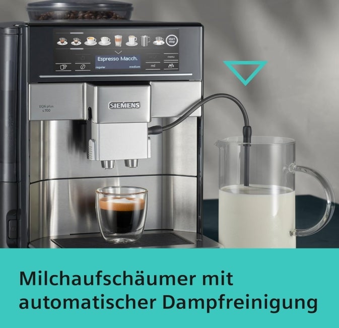 Siemens Kaffeevollautomat EQ6 plus s700, Milchsystem, 12 Getränke, automatische Reinigung des Milchsystems, Keramikmahlwerk, großes Touchdisplay, Edelstahl, TE657503DE 