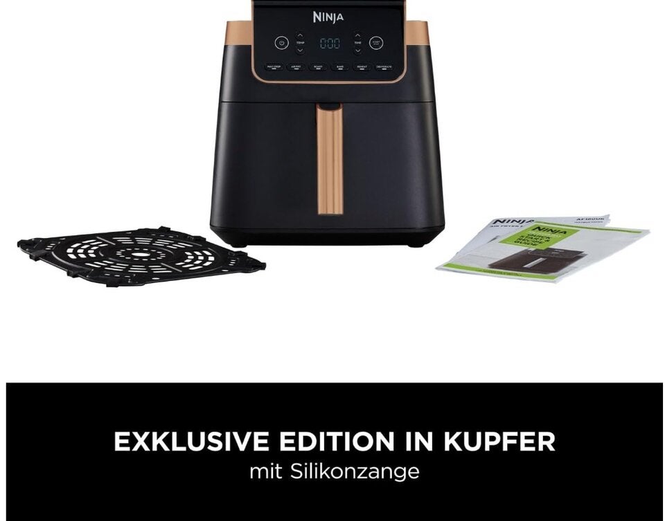Ninja Heißluftfritteuse MAX PRO, 6,2 L, ölfrei, große Schublade, Rösten, Backen, Air Fry, Antihaftbeschichtet, Spülmaschinenfester Korb & Crisper Gittereinsatz, Silikonzange, Schwarz/Kupfer, AF180EUCP 
