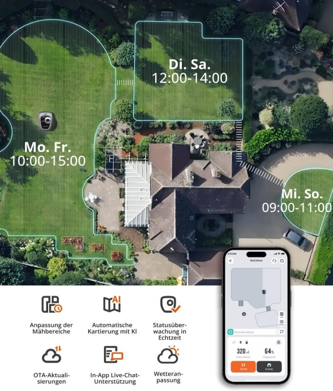 Navimow i105E Mähroboter ohne Begrenzungskabel, Empf. 500 m², Max. 600 m², RTK+Vision Rasenmäher Roboter Testsieger, Igelschutz Rasenroboter, KI Auto Kartierung 