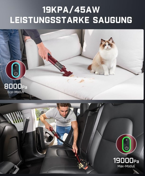 Fanttik Slim V8 APEX Akku-Autostaubsauger, 4-in-1 tragbarer Mini RobustClean™ Handstaubsauger mit 19000 Pa/45 AW Saugkraft, 2 Saugmodi, Auto-Staubsauger für Auto, Bürotisch, Tastaturen (Rot) 