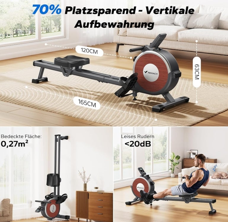 MERACH Rudergerät für Zuhause, 16 Widerstandsstufen, Leises Magnetisches Rudergerät, per App Verbindbar, Verbesserte Doppelschienen für Mehr Stabilität, Einfache Montage 