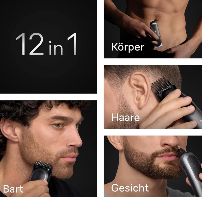 Braun All-in-One Series 7, 12-in-1 Multigroom, Barttrimmer, Nasenhaartrimmer, Haarschneidemaschine für Gesicht, Kopf und Körper, 120 Min Akku, 14 Längen (0.1–21 mm), Wasserdicht, AIO7545, Grau 