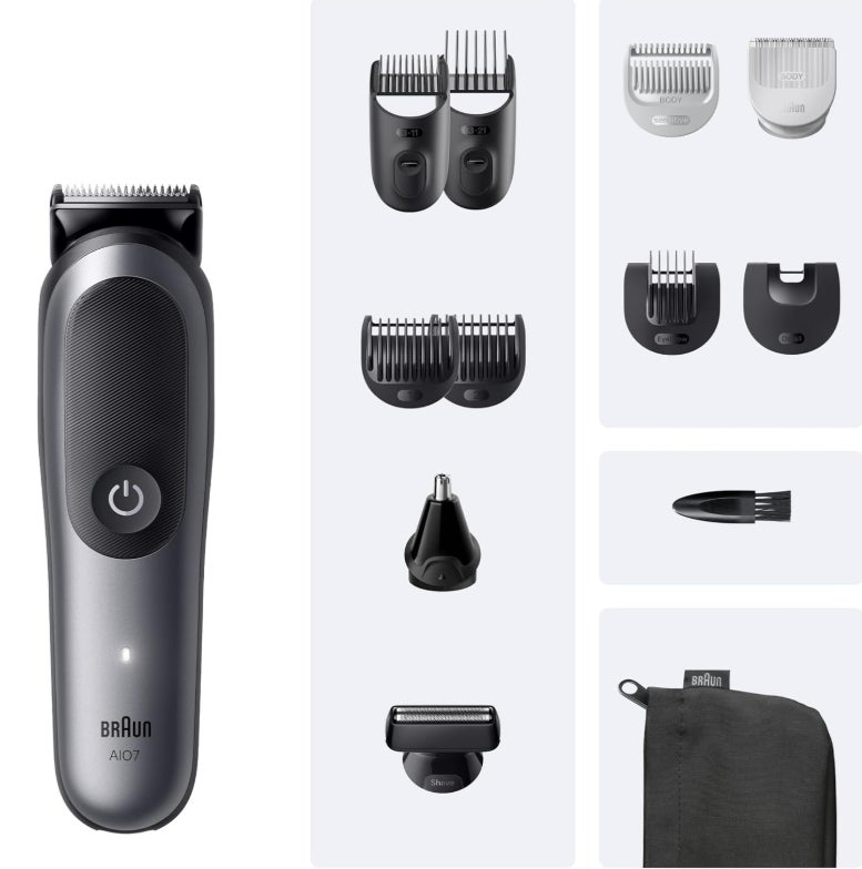 Braun All-in-One Series 7, 12-in-1 Multigroom, Barttrimmer, Nasenhaartrimmer, Haarschneidemaschine für Gesicht, Kopf und Körper, 120 Min Akku, 14 Längen (0.1–21 mm), Wasserdicht, AIO7545, Grau 