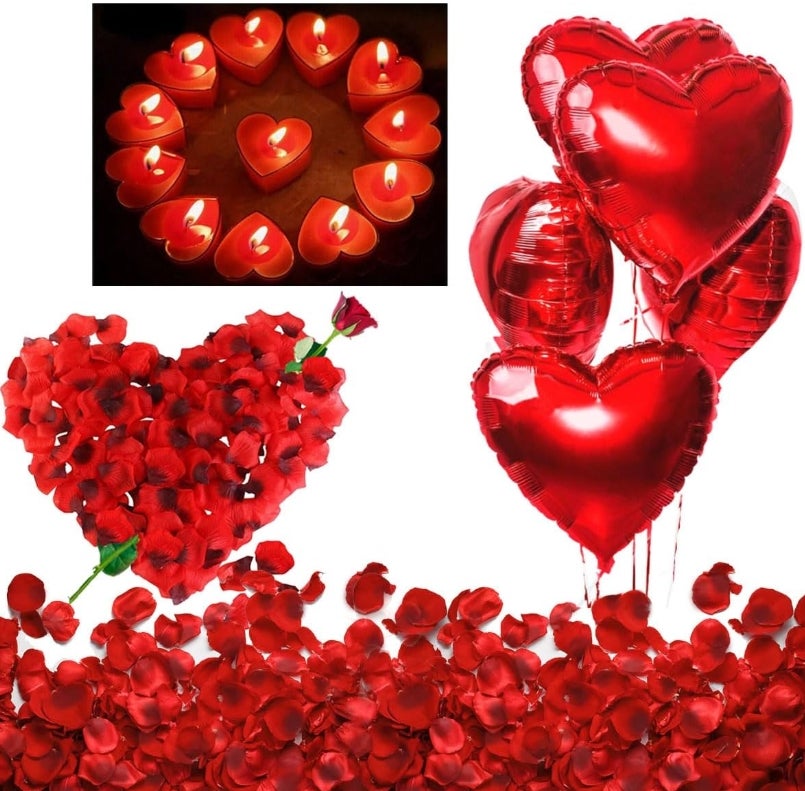 Romantische Kerzen Rote Teelichter und Rosenblätter, Romantisch Deko Set, Teelichter Herzform, Seide Rote Rosenblüten 