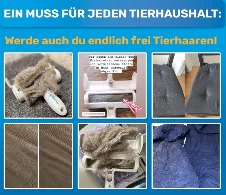 BluePet Tierhaarentferner + Mini Fusselrolle – Wiederverwendbarer Fusselentferner für Tierhaare, Hundehaare & Katzenhaare | Ideal für Kleidung, Polster & Teppiche, Abwaschbarer Katzenhaarentferner 