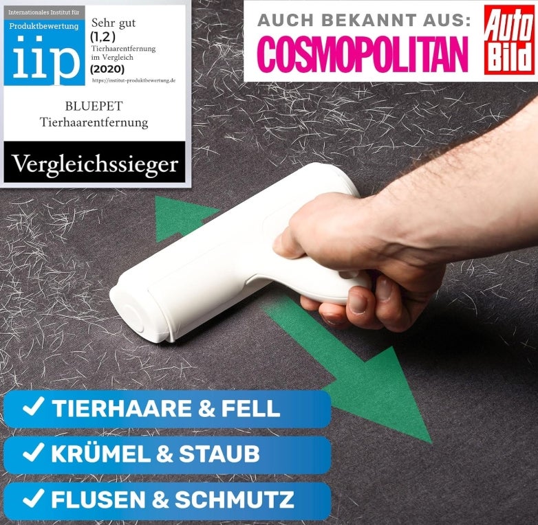 BluePet Tierhaarentferner + Mini Fusselrolle – Wiederverwendbarer Fusselentferner für Tierhaare, Hundehaare & Katzenhaare | Ideal für Kleidung, Polster & Teppiche, Abwaschbarer Katzenhaarentferner 