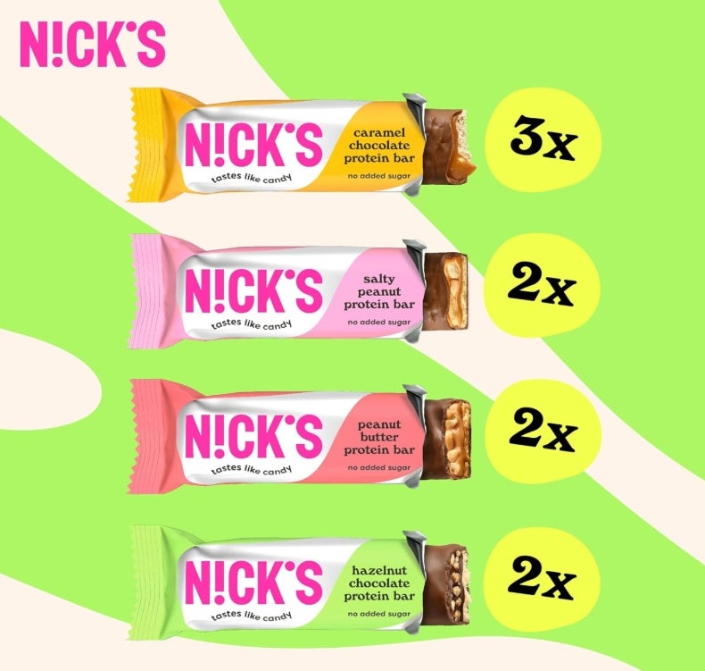 NICKS Protein Riegel Mix Box ohne zusatz von Zucker – 15g Eiweiß 30% – Kalorienarm – 4 Sorten Keto 